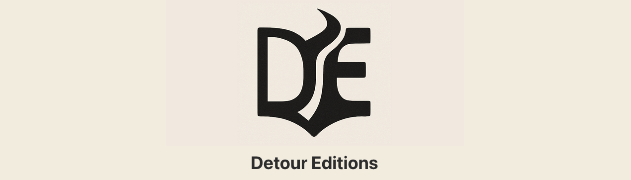 Detour Editions logo, A DE monogram, shaped to include an open book and a winding road.